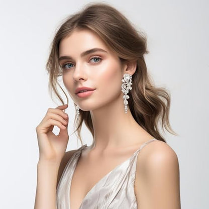 Fashion Rhinestone Statement Drop Dangle Earrings Long Colorful Crystal Bridal Wedding Teardrop Chandelier Earrings for Women Prom Pageant - color: Clear-silver