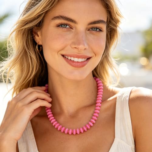 Acrylic Beaded Necklace for Women,Beach Strand Jewelry Gifts | Statement Necklace,Cute Trendy Handmade Jewelry for Women,Chunky Beaded Necklace,Resin Beads Choker - color: Pink