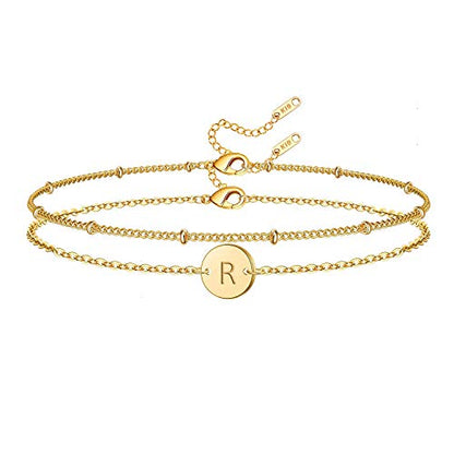 Glimmerst Initial Bracelet for Women 18K Gold Plated Stainless Steel Layered Coin Letter Bracelet Beaded Chain Personalized Name Bracelet - color: R Gold