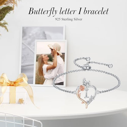 TOUPOP Gifts for Women Rose Heart Initial Bracelet 925 Sterling Silver Butterfly Letter Link Bracelet Love Jewelry Anniversary Birthday Gifts for Wife Girlfriend Mom Her - style: Initial I