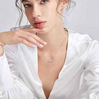 925 Sterling Silver Necklace for Women Trendy, Charming Layered Necklace with Cubic Zirconia Pendant for Her Womens Dainty Diamond Choker Necklaces Holiday Jewelry Gifts for Mom Wife Daughter Lover - color: Bowknot-Silver