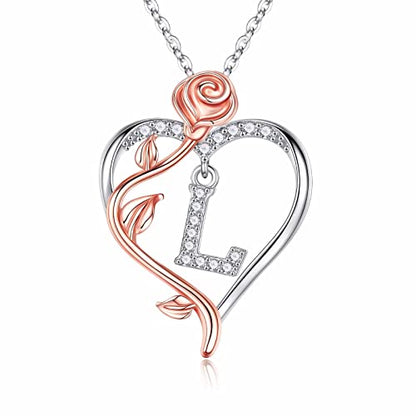 Iefil Rose Heart Initial Necklace, Anniversary Birthday Gifts for Women | Gift Box Packaging, 925 Sterling Silver, Jewelry Gift for Her Wife Mom Girlfriend, Initial A-Z, 19+2inches - color: IEFIL Jewelry Box, style: L