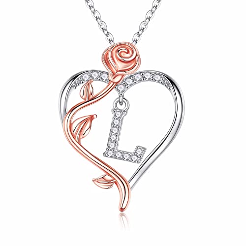 Iefil Rose Heart Initial Necklace, Anniversary Birthday Gifts for Women | Gift Box Packaging, 925 Sterling Silver, Jewelry Gift for Her Wife Mom Girlfriend, Initial A-Z, 19+2inches - color: IEFIL Jewelry Box, style: L