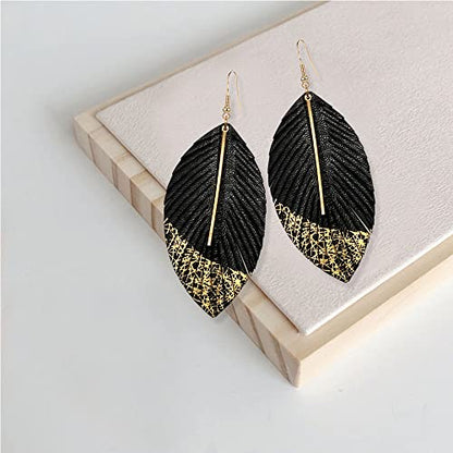 Bohemian Handmade Lightweight Color Large Genuine Soft Leather Fringe Feather Leaf Tear Dangle Drop Earrings for Women Statement - color: 2-Black