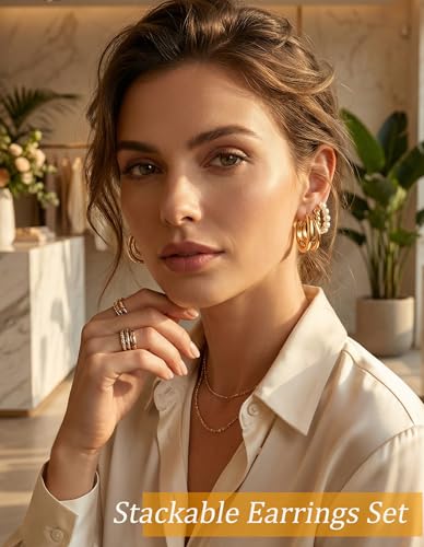 YEEZII 56 Pcs Gold Jewelry Set for Women with 5Pcs Layered Necklace, 5Pcs Layered Necklace, 12 Bracelets, 4 Hoop Earrings, 8 Stackable Rings, 10 hairpins, 12 Studs Earrings Jewerly set for Women - color: Gold-B