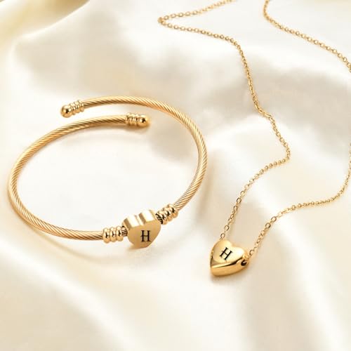 MYNENEY Necklace and Bracelet for Women Stainless Steel Initial Jewelry Set - color: Gold-H