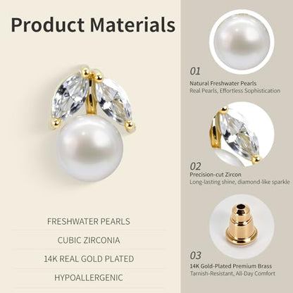 Petite Pearl Drop Earrings for Women - Real Freshwater Cultured Pearls Collection, S925 Sterling Silver Hypoallergenic Posts, 18K Gold Plated Dainty Jewelry - color: White and Golden