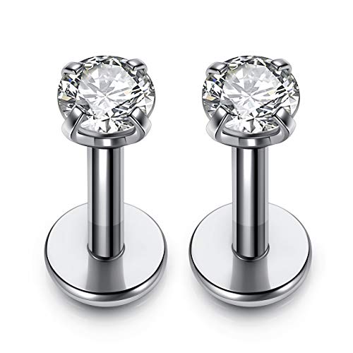 PiercingJ 2-4pcs 16g 316L Stainless Steel 3mm Cubic Zirconia Labret Monroe Lip Ring/Tragus/Helix Earring,6-12mm Bar Length - style: 3mm zirconia round / 6mm bar