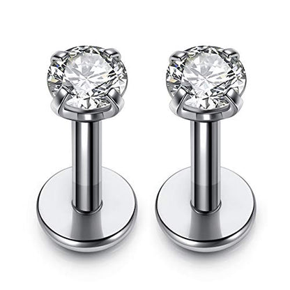 PiercingJ 2-4pcs 16g 316L Stainless Steel 3mm Cubic Zirconia Labret Monroe Lip Ring/Tragus/Helix Earring,6-12mm Bar Length - style: 3mm zirconia round / 6mm bar