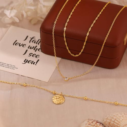 Layered Necklaces for Women, Simple Gold Necklace Stack Dainty 14K Gold Plated CZ Disc Pendant Necklace Set Non Tarnish Gold Jewelry Gifts - color: Gold-Wave+CZ+Disc