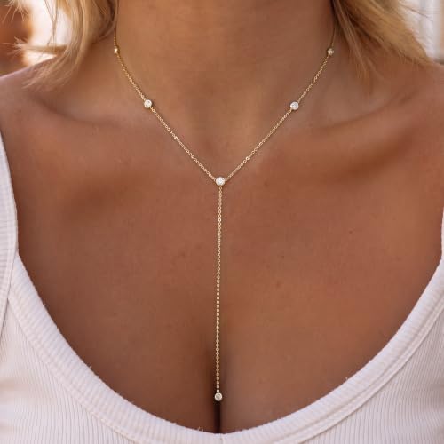 Tewiky Dainty Diamond Lariat Necklace for Women, Long Y Necklace | 14K Gold/Sterling Silver Plated Non Tarnish Necklace, Waterproof Drop Chain for Prom Wedding,Beach Summer Body Chian,Jewelry - color: Gold
