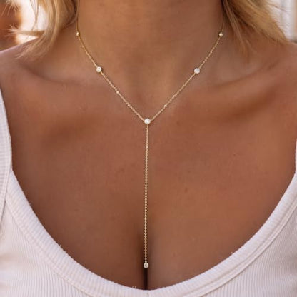 Tewiky Dainty Diamond Lariat Necklace for Women, Long Y Necklace | 14K Gold/Sterling Silver Plated Non Tarnish Necklace, Waterproof Drop Chain for Prom Wedding,Beach Summer Body Chian,Jewelry - color: Gold