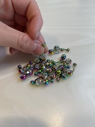 14GA Surgical Steel & Synthetic Opal Resin Belly Button Rings for Women | 3/8" Length, 5mm x 8mm Ball, Classic Look, Super High Quality - style: Titanium Rainbow/Clear