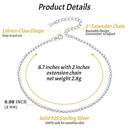 ChicSilver 925 Sterling Silver Ankle Bracelet for Women, Simple Cuban Link/Figaro/Twist Rope Chain Anklets for Beach Party(with Gift Box) - style: 09: Flat Bead Chain