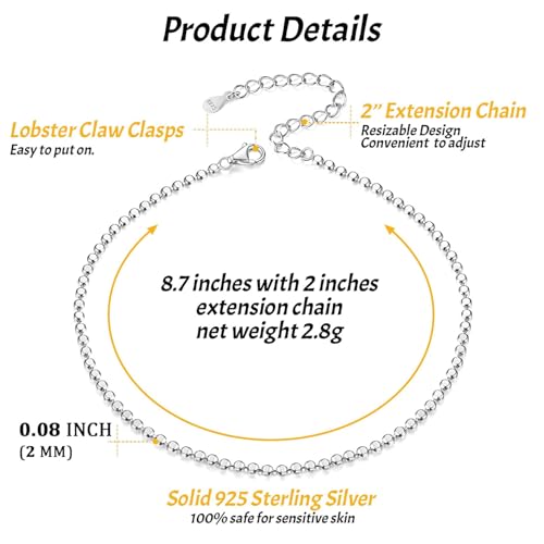 ChicSilver 925 Sterling Silver Ankle Bracelet for Women, Simple Cuban Link/Figaro/Twist Rope Chain Anklets for Beach Party(with Gift Box) - style: 09: Flat Bead Chain