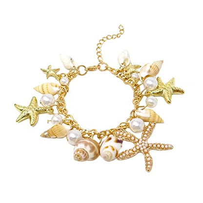 Honbay 1PCS Faux Pearl Sea Shell Starfish Bracelet Fashion Anklet Bracelet Charm Adjustable Mermaid Costume Jewelry in A Box for Women