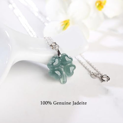 Real Green Jade Pendant Necklace for Women Donut/Heart/Clover/Teardrop/Rose/Lotus Flowers Genuine Jadeite Jewelry with Gold Plated 925 Sterling Silver Chain - style: Four leaf clover silver necklace