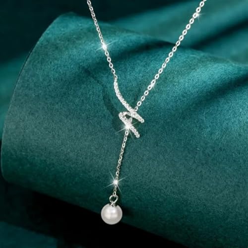 925 Sterling Silver Lariat Necklace for Women | Long 14K Gold Plated Y-Shaped Pearl Necklace CZ Crystal Ball Sparkle Necklace for Mother Daughter Bride Wedding Jewelry - color: Style 1-Sliver