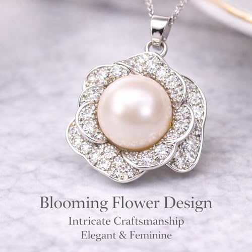 11-12mm White Freshwater Pearl Necklace for Women, Flower Pendant | White Pearl Jewelry Gift for Wife Mom Girlfriend, 16.3"+2" Adjustable Chain，Mother’s Day/Grandma's Gift