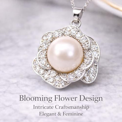 11-12mm White Freshwater Pearl Necklace for Women, Flower Pendant | White Pearl Jewelry Gift for Wife Mom Girlfriend, 16.3"+2" Adjustable Chain，Mother’s Day/Grandma's Gift