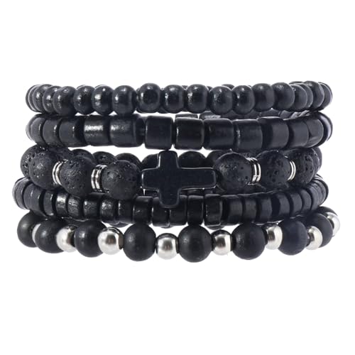 Mens Beaded Bracelets Tribal Wooden Elastic Adjustable Prayer Beads Wrap Cuff for Women - color: B: 5pcs-black
