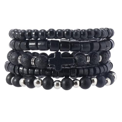 Mens Beaded Bracelets Tribal Wooden Elastic Adjustable Prayer Beads Wrap Cuff for Women - color: B: 5pcs-black