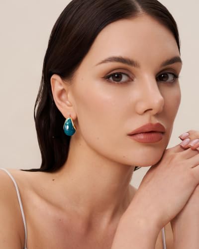 SNGIA Oval C Shape Chunky Dangle 18K Gold Plated Hoops with Colored Resin Gemstone Statement Earrings for Women by SNGIA, (Green, Brown, Blue, Pink, White, Cream), Long Bold Drop Handmade Exaggerated Irregular Trendy Bohemian Jewelry Gifts, Unique Danglin