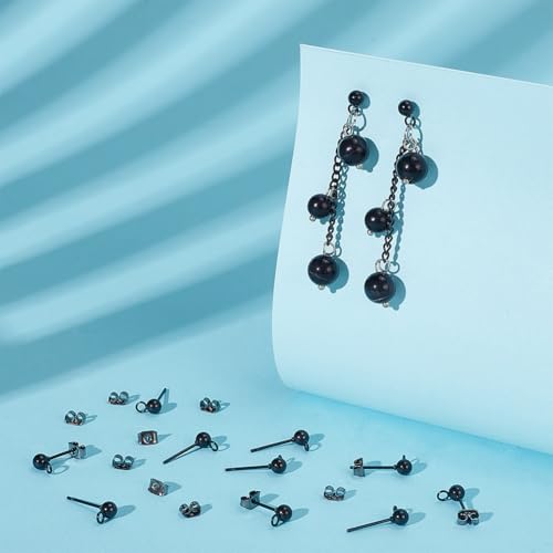 UNICRAFTALE About 30Pcs 304 Stainless Steel Stud Earring Findings Gunmetal Ball Post Stud Earrings with Ear Nuts and Loop Earring Findings Earrings Component for DIY Jewellery Making - color: Gunmetal