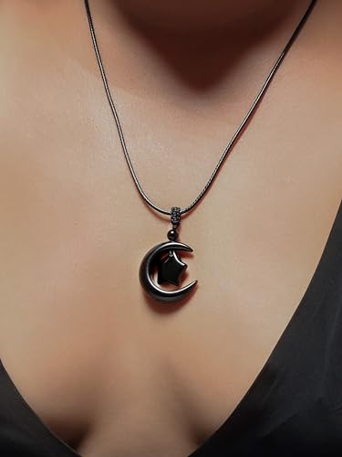 MINACHI Gothic Black Obsidian Moon Star Pendant Necklace with Braided Cord, Goth Celestial Jewelry Gift for Men and Women