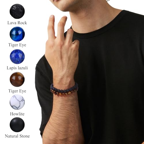 Giovanchi 4-12PCS Bracelets for Men, 8MM Mens Bracelets Lava Rock Black Obsidian Howlite Tiger Eye Beaded Natural Stone Bracelet Jewelry Gifts for Birthday Christmas - style: 12Pcs G