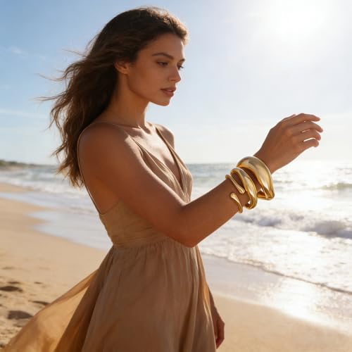 Chunky Gold Bangle Bracelets for Women, 14k Gold Plated Trendy Stackable Bangles Set, Dainty Cuff Bracelet Stack Jewelry for Gifts - color: Gold-F-Chunky