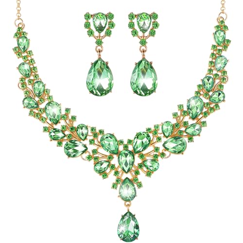 Hicarer Bridal Teardrop Cluster Crystal Jewelry Set for Women Necklace Earrings Wedding - color: Green Gold