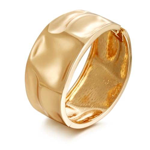 Golden Polished Chunky Twisted Hinged Waterdrop Bangle Bracelet for Women Spiraled Oval Bangle Bracelet - color: Gold Wide Hammered Statement Bangle