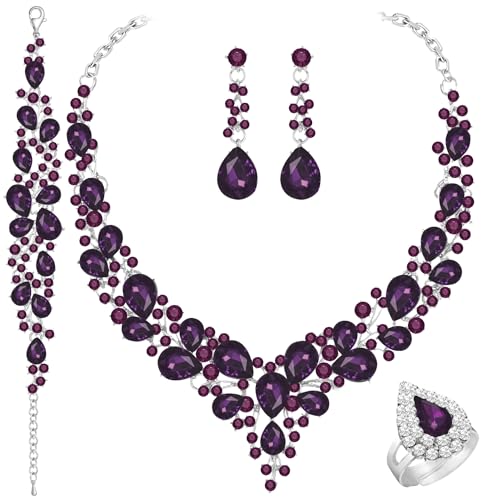 Paxuan Crystal Bridal Wedding Jewelry Sets for Women Rhinestone Teardrop Crystal Statement Choker Necklace Drop Earrings Link Bracelets Rings Teardrop Jewelry Set for Brides Bridesmaids - color: Silver Plated Purple Crystal