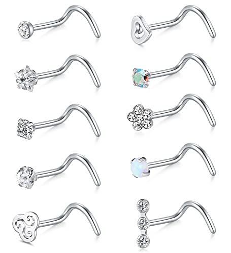 Briana Williams Nose Studs Nose Rings for Women 18G 20G Corkscrew Nose Ring Stainless Steel Nose Screw Studs Nose Rings Studs Surgical Steel Nostril Nose Piercing Jewelry - color: C -20g, silver
