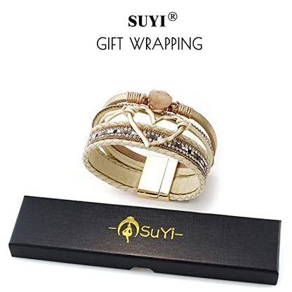 Suyi Multilayer Leather Wrap Bracelet Heart-Shape Wide Bracelets for Women - color: Khaki