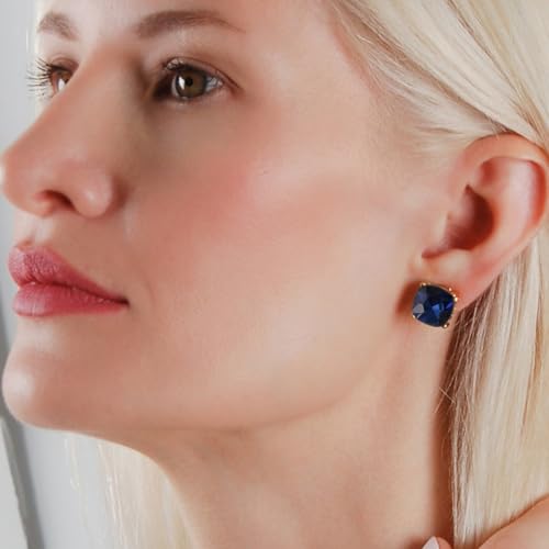 Large Square Stud Earrings for Women - Big Sparkly Rhinestone Studs | Plated in Gold Tone or Silver Tone, Hypoallergenic and Safe for Sensitive Ears - color: Navy Blue