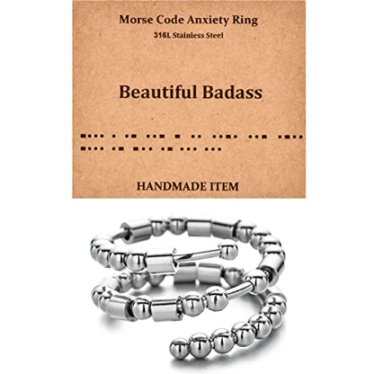 Morse Code Rings for Women, Stainless Steel Spinner Ring Fidget Rings for Anxiety Ring Morse Code Rings Inspirational Gifts Jewelry Women Birthday Graduation Gifts for Best Friends - style: 15 Beautiful B*dass