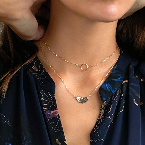 Turandoss Dainty Gold Choker Necklaces for Women - 14K Gold Plated Handmade Medallion Snake Link Chain Cross Star Moon Adjustable Simple Choker Necklaces for Women Jewelry - style: Circle& Half Moon
