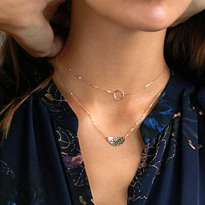 Turandoss Dainty Gold Choker Necklaces for Women - 14K Gold Plated Handmade Medallion Snake Link Chain Cross Star Moon Adjustable Simple Choker Necklaces for Women Jewelry - style: Circle& Half Moon