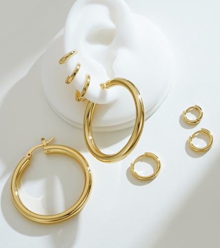 Gold Hoop Earrings for Women Chunky Hoops 14K Gold Plated Thick Hollow Tube Lightweight Earrings for Mother Birthday Gifts 20/25/30/40/50MM - color: Gold-40mm+10mm+8mm+6mm