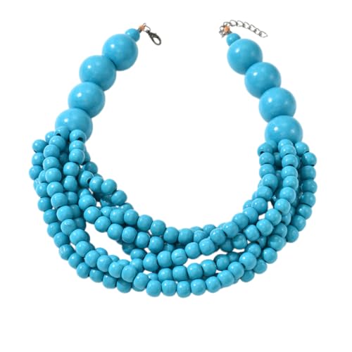 Handmade Layered Wood Bead Necklace for Women - Chunky African Statement Necklace, Natural Khaki Beaded Jewelry, Hypoallergenic & Skin-Safe for Sensitive Skin, Boho Rainbow Inspired Chunky Collar Necklace - color: Blue