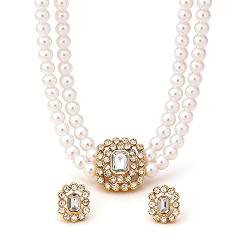 Classic Double Strand Faux Pearl Choker Necklace and Earrings Set with Crystal Accent, Elegant Jewelry for Special Occasions and Everyday Wear - color: clear