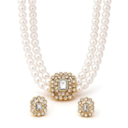 Classic Double Strand Faux Pearl Choker Necklace and Earrings Set with Crystal Accent, Elegant Jewelry for Special Occasions and Everyday Wear - color: clear