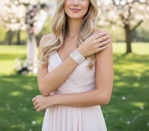 Rhinestone Bracelet Crystal Arm Cuff Bangle Bracelets for Women Adjustable | Open Cuff, Wide Arm Bangle, Stretchable, Hypoallergenic, Bridal Jewelry, for Prom Cocktail Party Wedding Dating - color: Silver