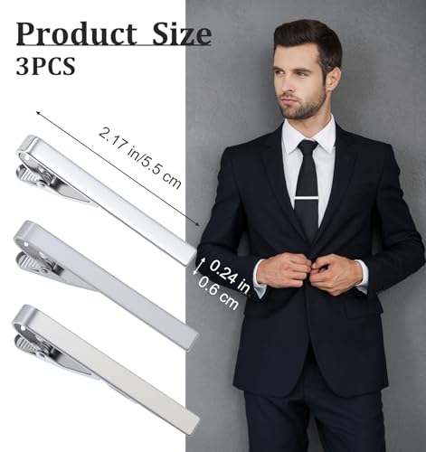 3 Pack Silver Tie Clips for Men, Classic Tie Clips for Men Silver with Adjustable Clasp Ideal for Professional Office Wear and Formal Events