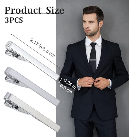 3 Pack Silver Tie Clips for Men, Classic Tie Clips for Men Silver with Adjustable Clasp Ideal for Professional Office Wear and Formal Events