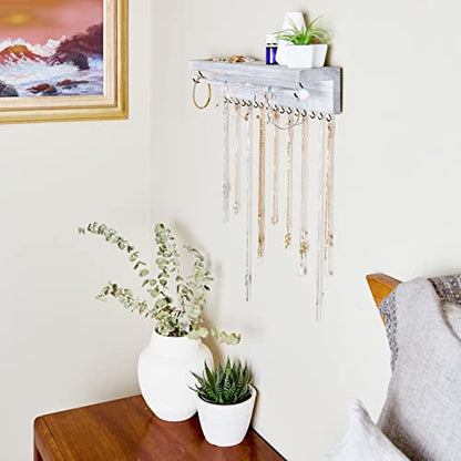Rustic White Necklace Jewelry Organizer - Wall Mount Jewelry Holder - Mounted Hanging Jewelry Storage Hooks for Necklace, Earrings, and Rings - Farmhouse Wood Decor Bedroom Boho Shelf Rack - style: Rustic - Gray