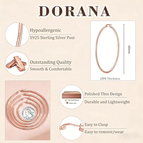 2mm Thin 14K Gold Plated Large S925 Sterling Silver Hoop Earrings for Women Hypoallergenic Big Hoop Non Tarnish Earrings Lightweight 20/30/40/50/60/70mm - color: Rose Gold-40mm