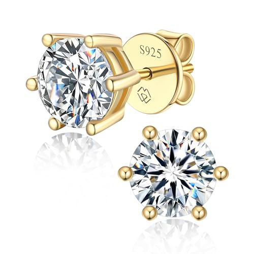MomentWish Moissanite Earrings for Women, 925 Sterling Silver Hypoallergenic Stud Earrings, 0.6-4 CT Mens White Gold/14K Gold Plated/Rose Gold Studs, Gift for Mom or Wife - color: 2-14K Gold-6 Prong, size: 2 Carat-(1ct*2)-6.5mm